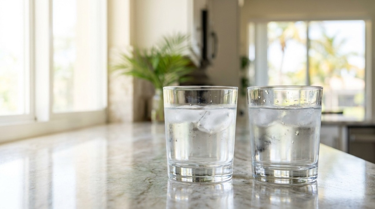 Two glasses of water on a counter