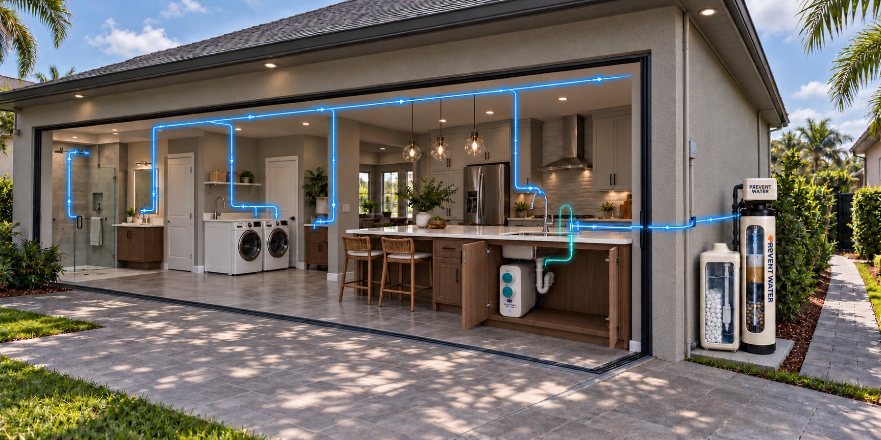 Illustrative cutaway of a home: filtration and softening at the entry, treated line through the home, reverse osmosis under the kitchen sink