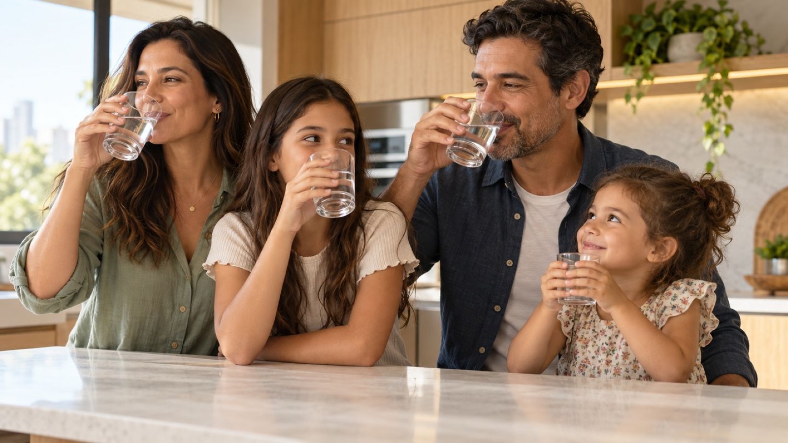 Family drinking water at a kitchen counter