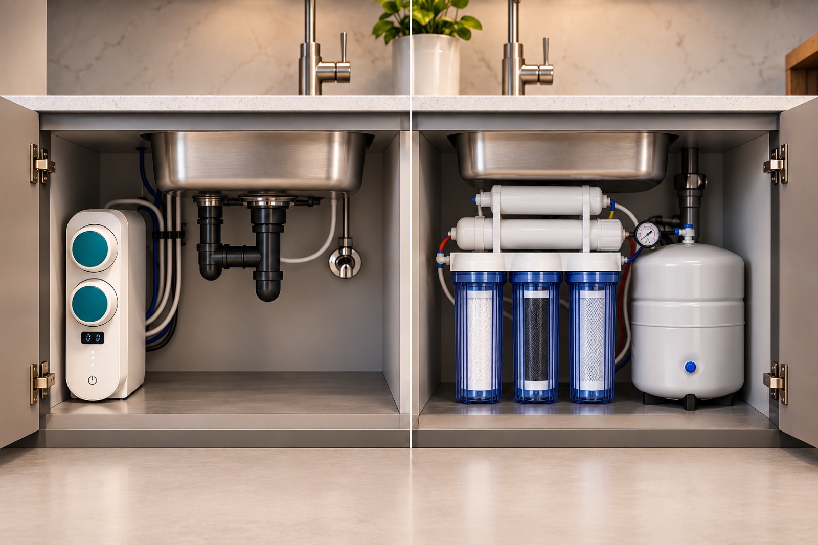 Under-sink cabinet: Prevent Water S8 on the left, conventional reverse osmosis with tank and three housings on the right
