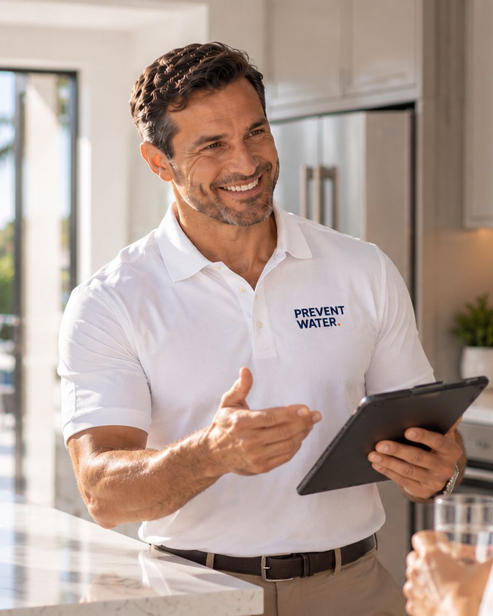 Prevent Water specialist in a Florida kitchen, holding a tablet