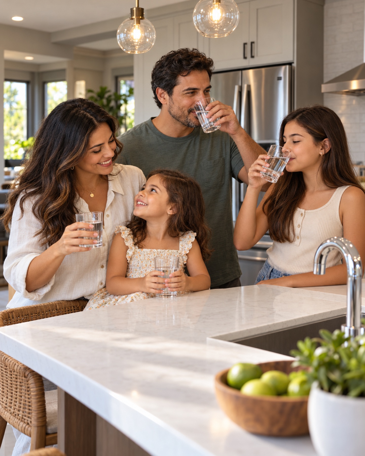 Family drinking water in their kitchen