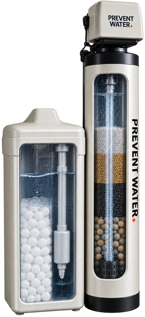 Cutaway of the system showing resin, KDF, activated carbon and gravel layers