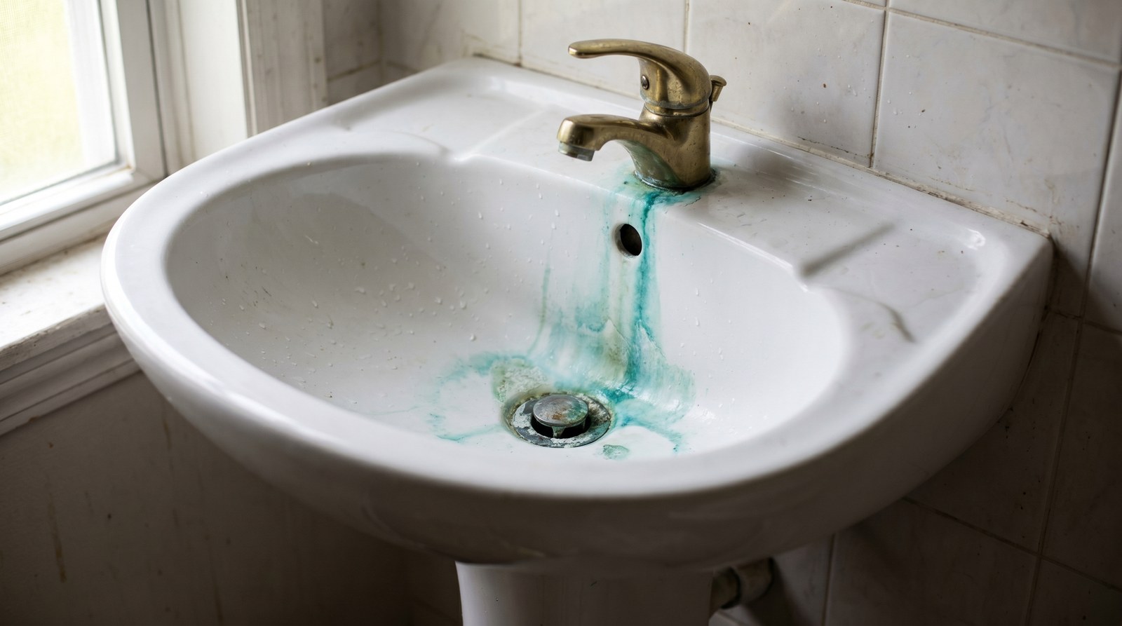 White porcelain bathroom sink with a blue-green stain streaking from the faucet to the drain