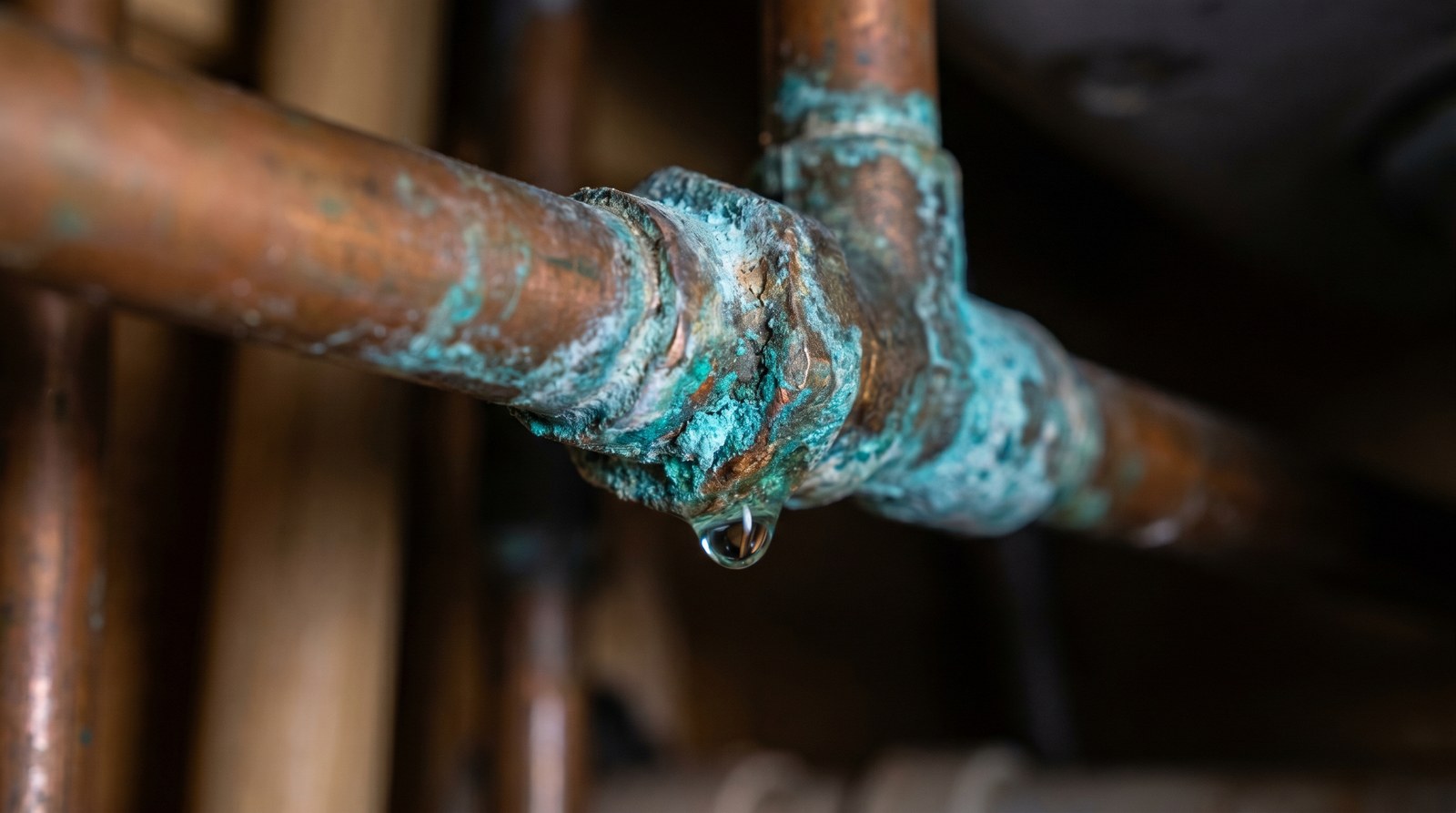 Copper water pipe with blue-green corrosion patina at a soldered joint under a sink