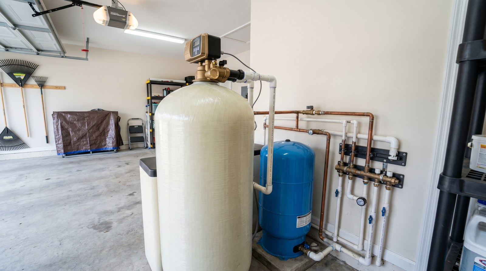 Acid neutralizer fiberglass mineral tank with a control valve installed in a Florida garage