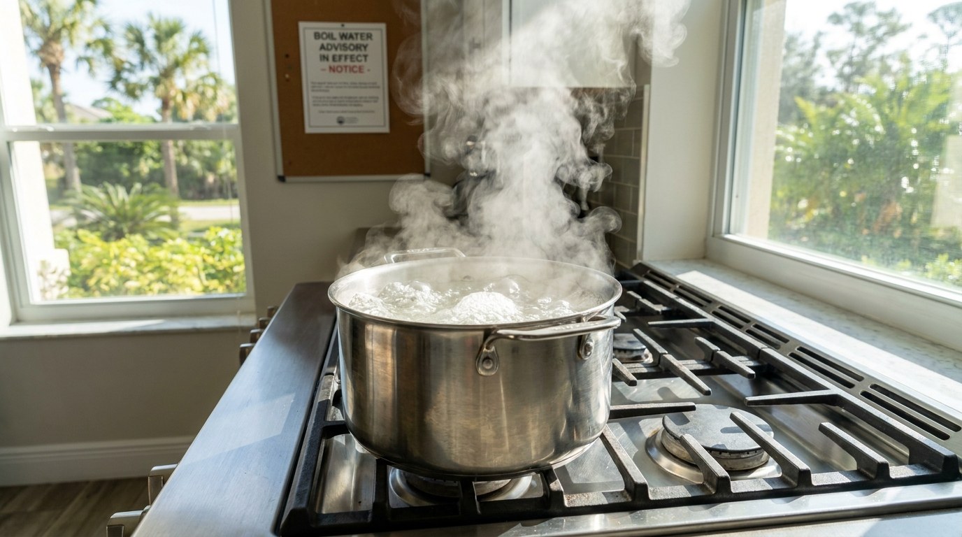 Pot of water at a rolling boil on a stove during a boil water advisory in a Florida kitchen