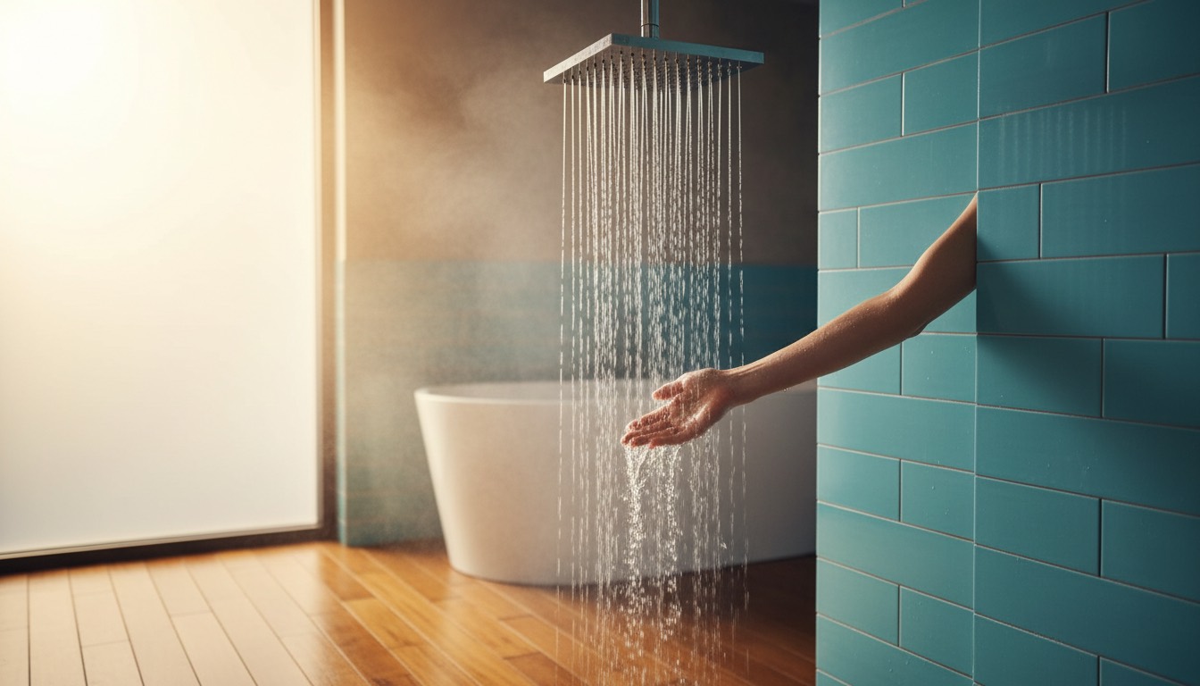 Modern shower head with running water in a naturally lit bathroom