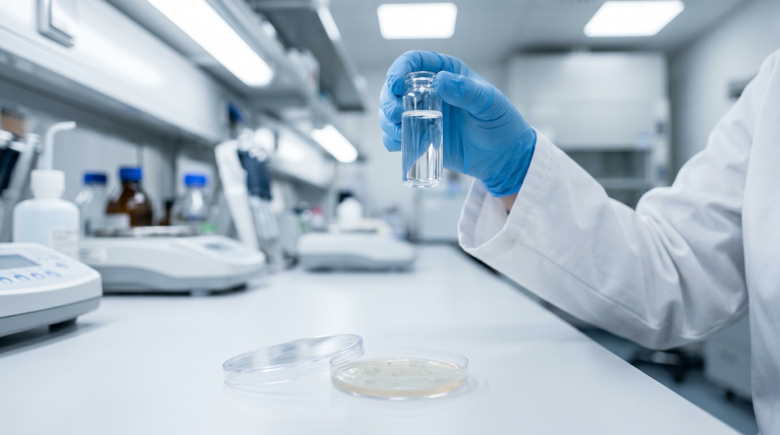 Lab technician holding a clear water sample vial with a petri dish on the bench in a water quality laboratory