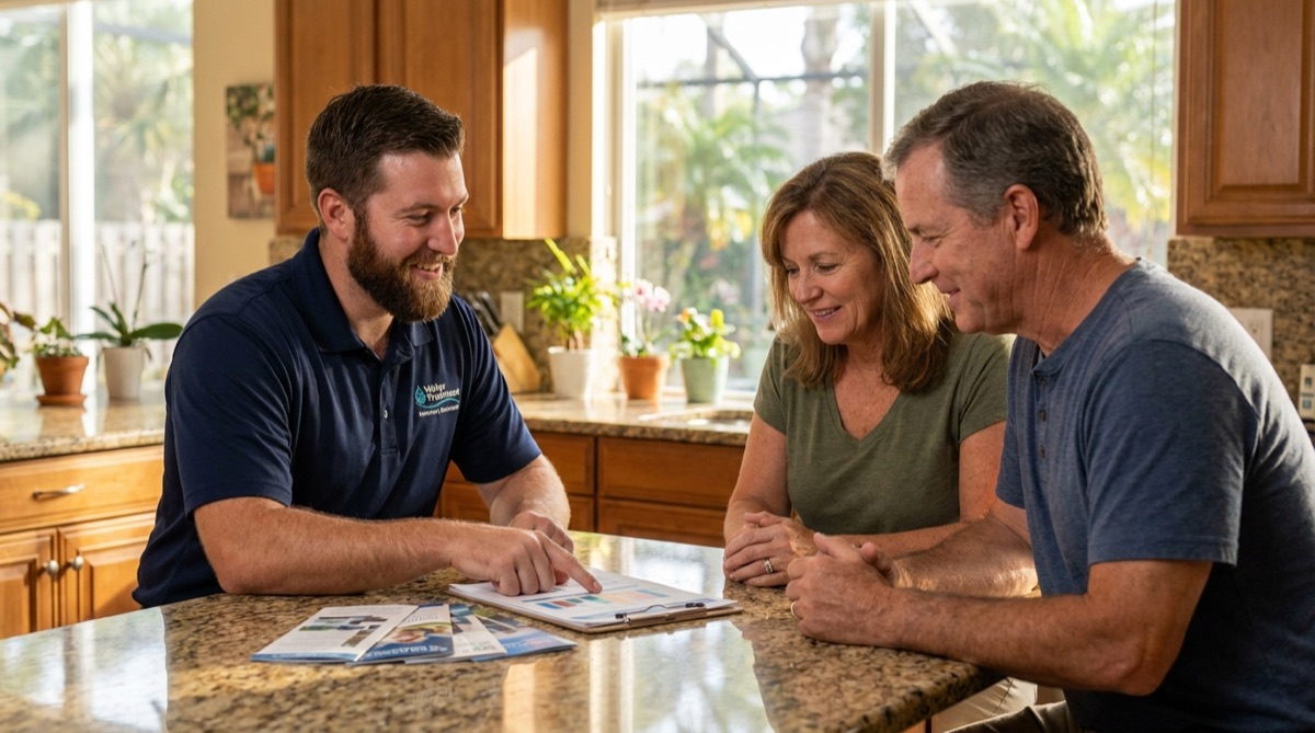 Water treatment technician reviewing test results and treatment options with a homeowner couple at a bright Florida kitchen counter