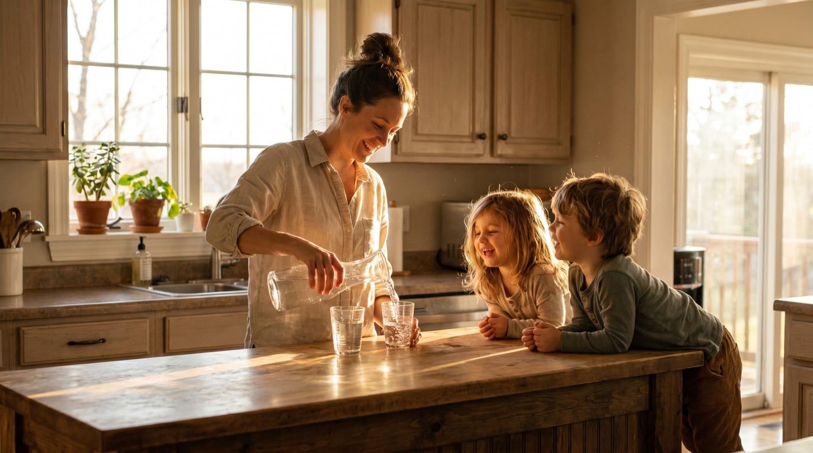 Family pouring clean filtered water in the kitchen at golden hour