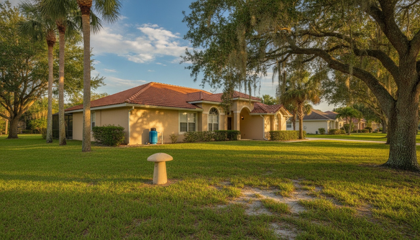 Suburban Florida single-family home with a private well cap and pressure tank in the front yard