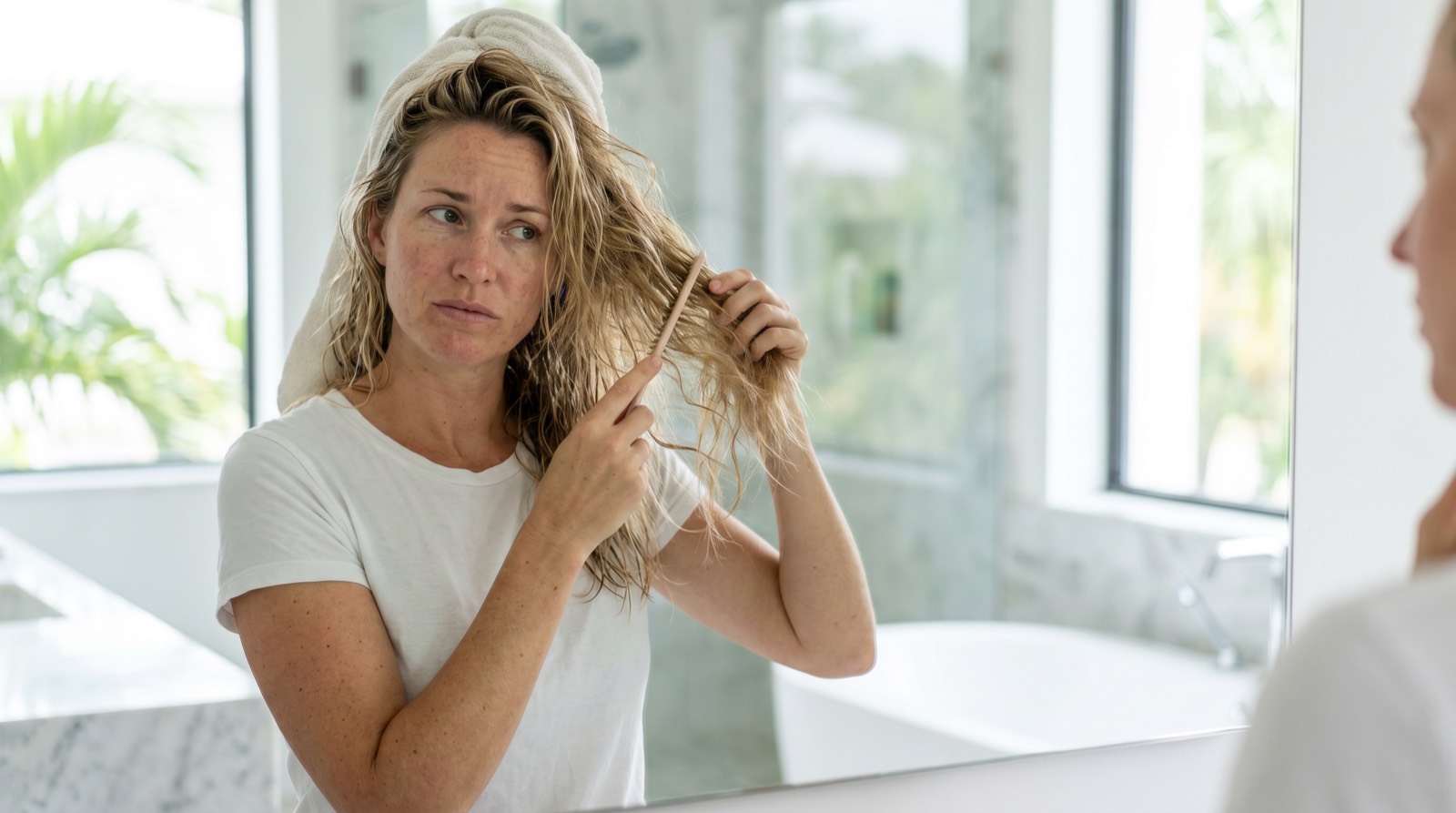 Woman in a bright Florida bathroom combing dry, dull, tangled hair after a shower