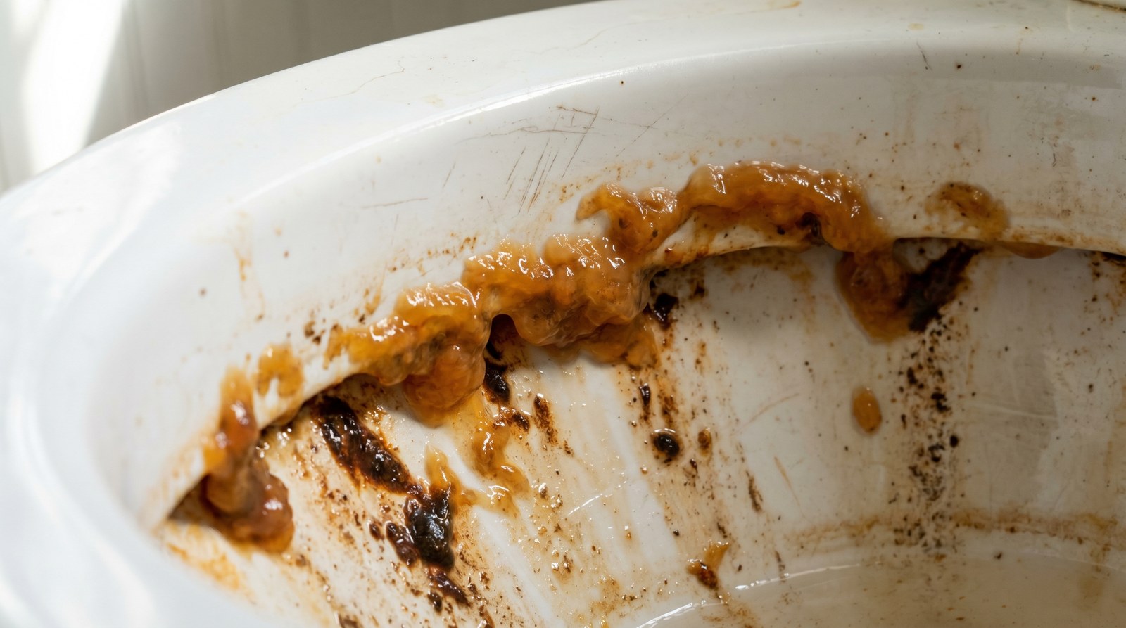 Close-up of orange-brown gelatinous iron bacteria slime inside a white toilet bowl at the waterline