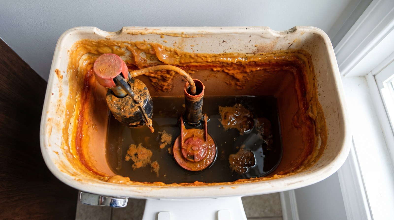 Open residential toilet tank coated with orange-brown slimy iron bacteria biofilm