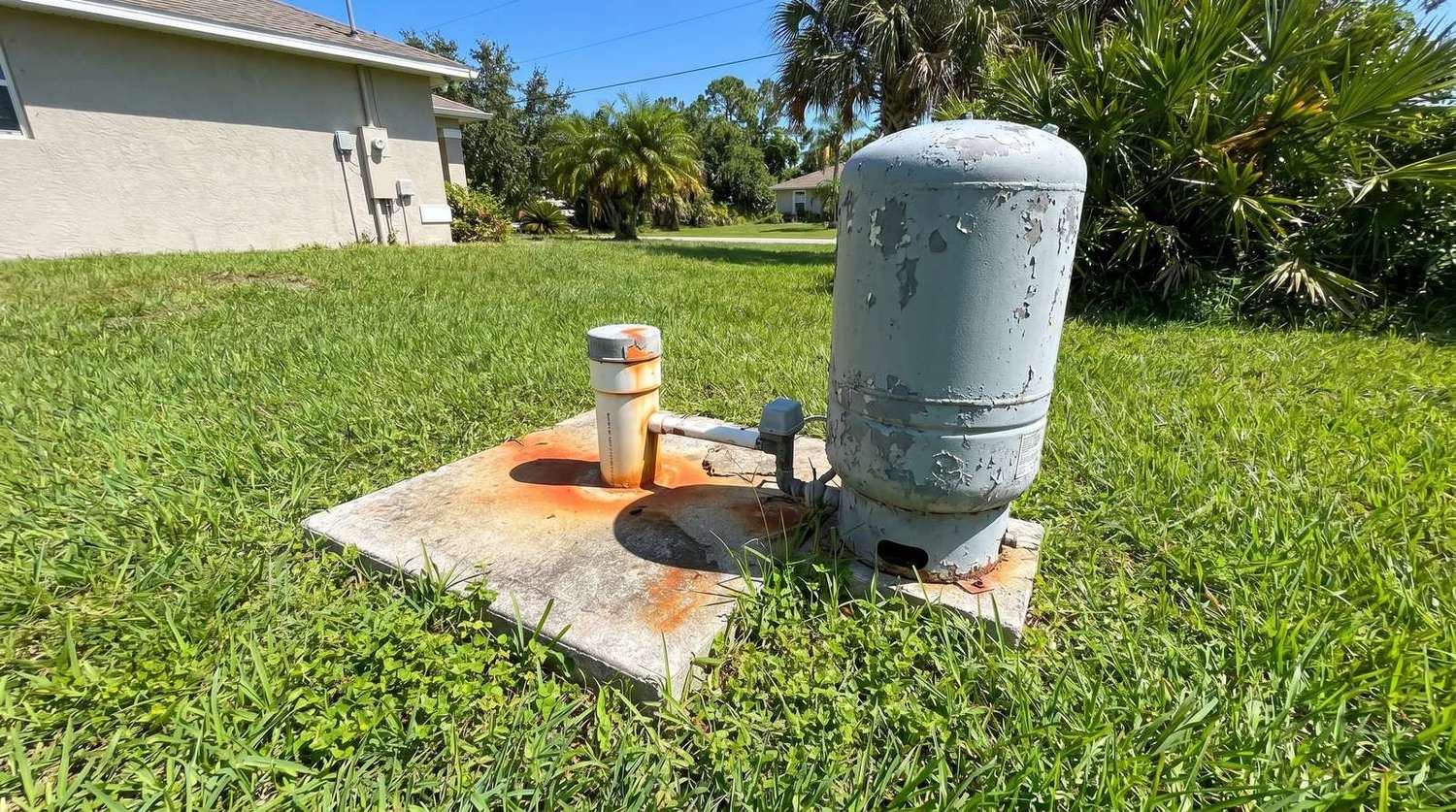 Private well cap and pressure tank in a Florida side yard with faint orange iron staining at the base