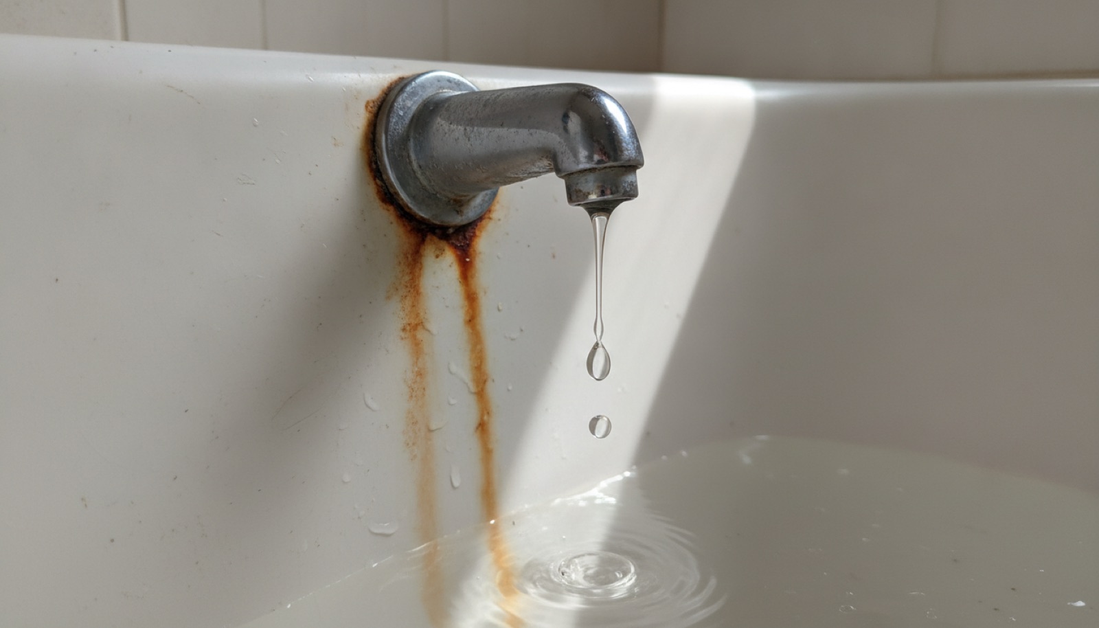 Orange iron stains around the drain of a white bathtub in a home on well water