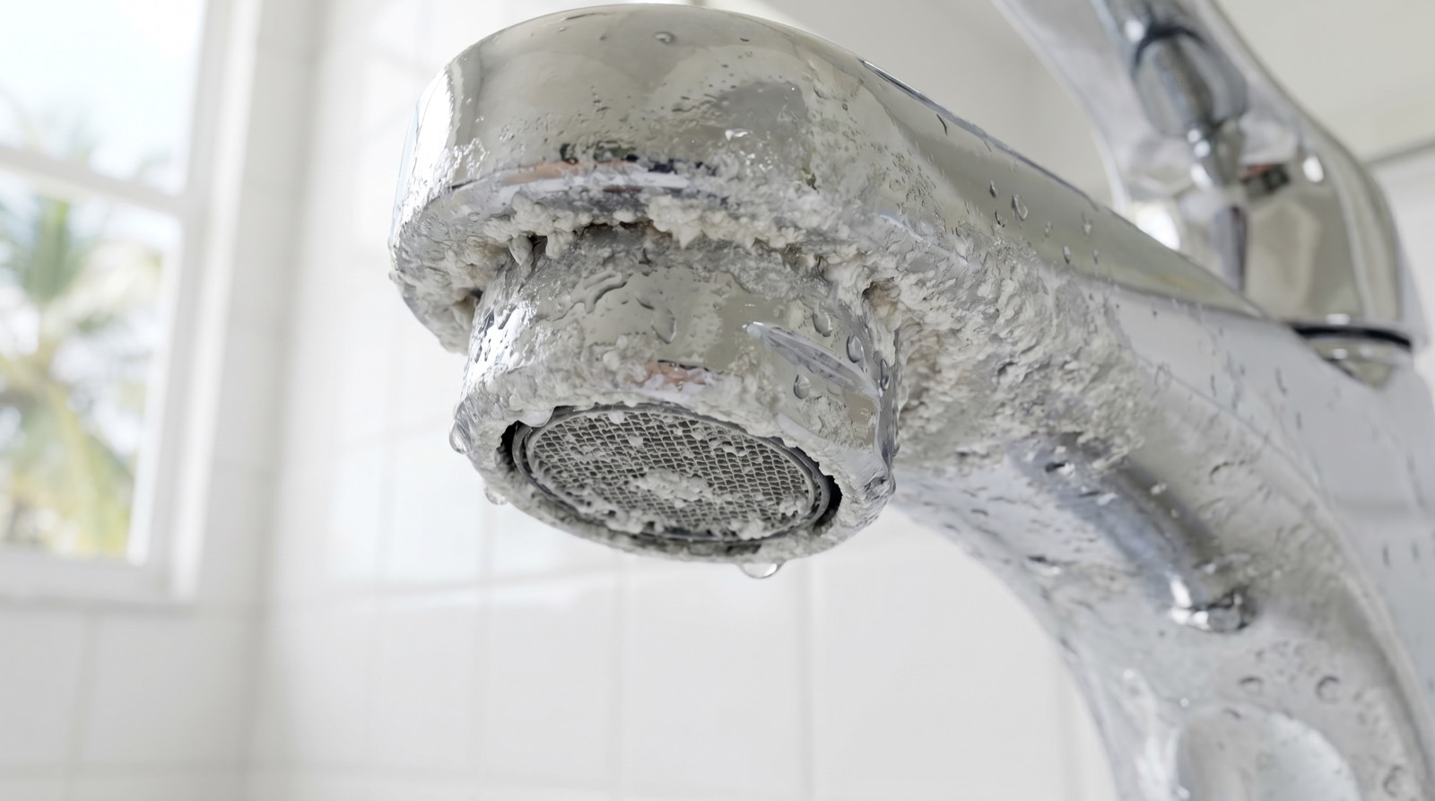 Chrome bathroom faucet aerator heavily encrusted with white limescale deposits in a bright Florida bathroom