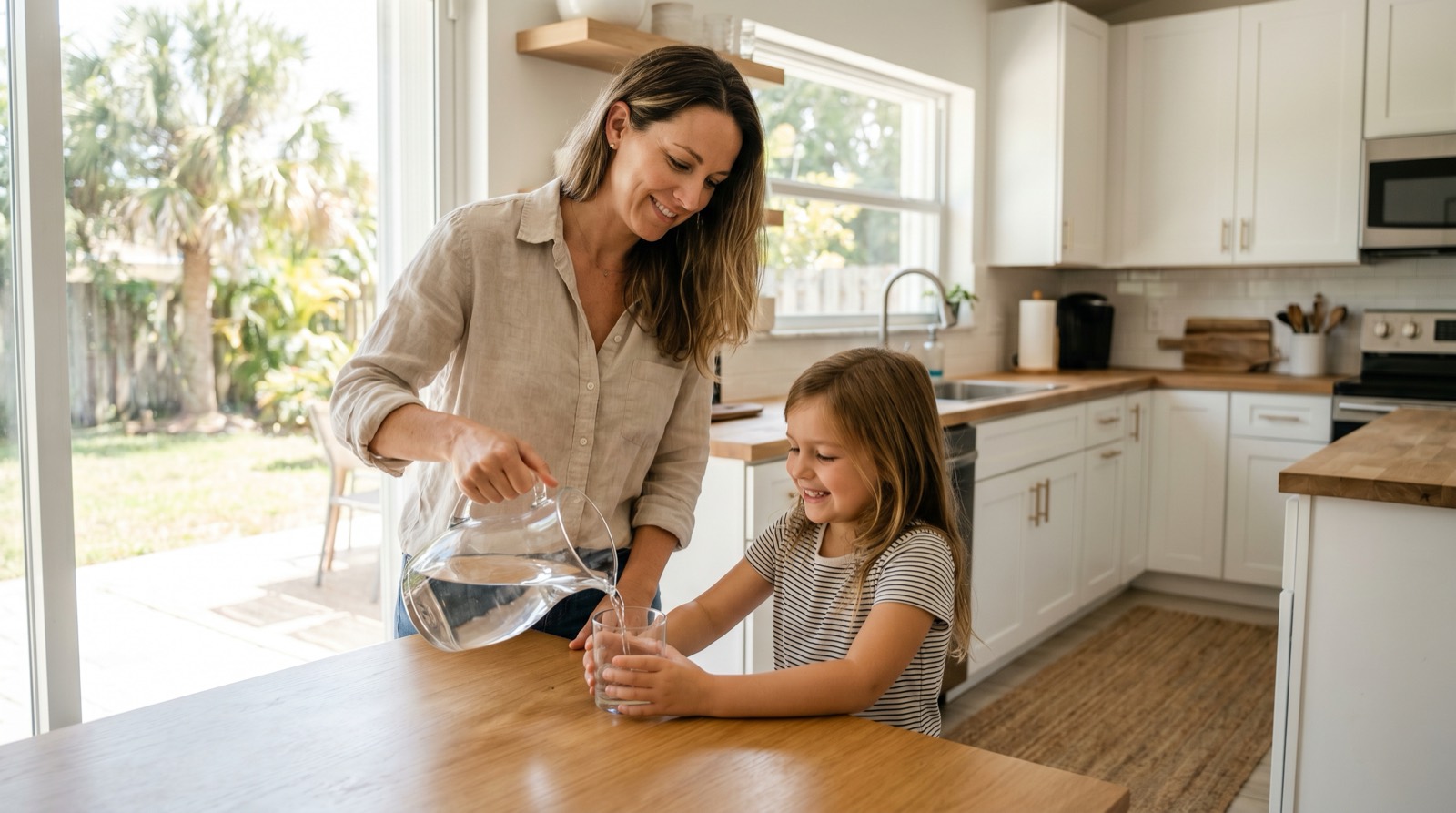 Mother pouring fresh drinking water from a glass pitcher for her young daughter at a bright kitchen table