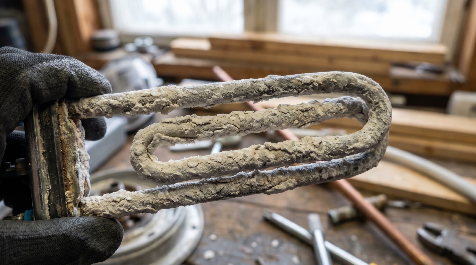 Electric water heater heating element completely encrusted with thick white calcium limescale