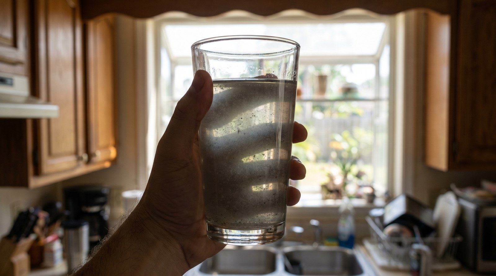 Clear glass of cloudy, turbid well water held up against bright window light in a Florida kitchen