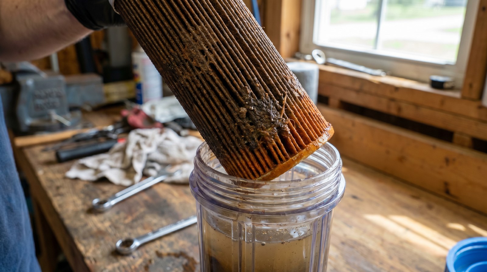 Used whole-house sediment filter cartridge coated in brown and rust-colored silt
