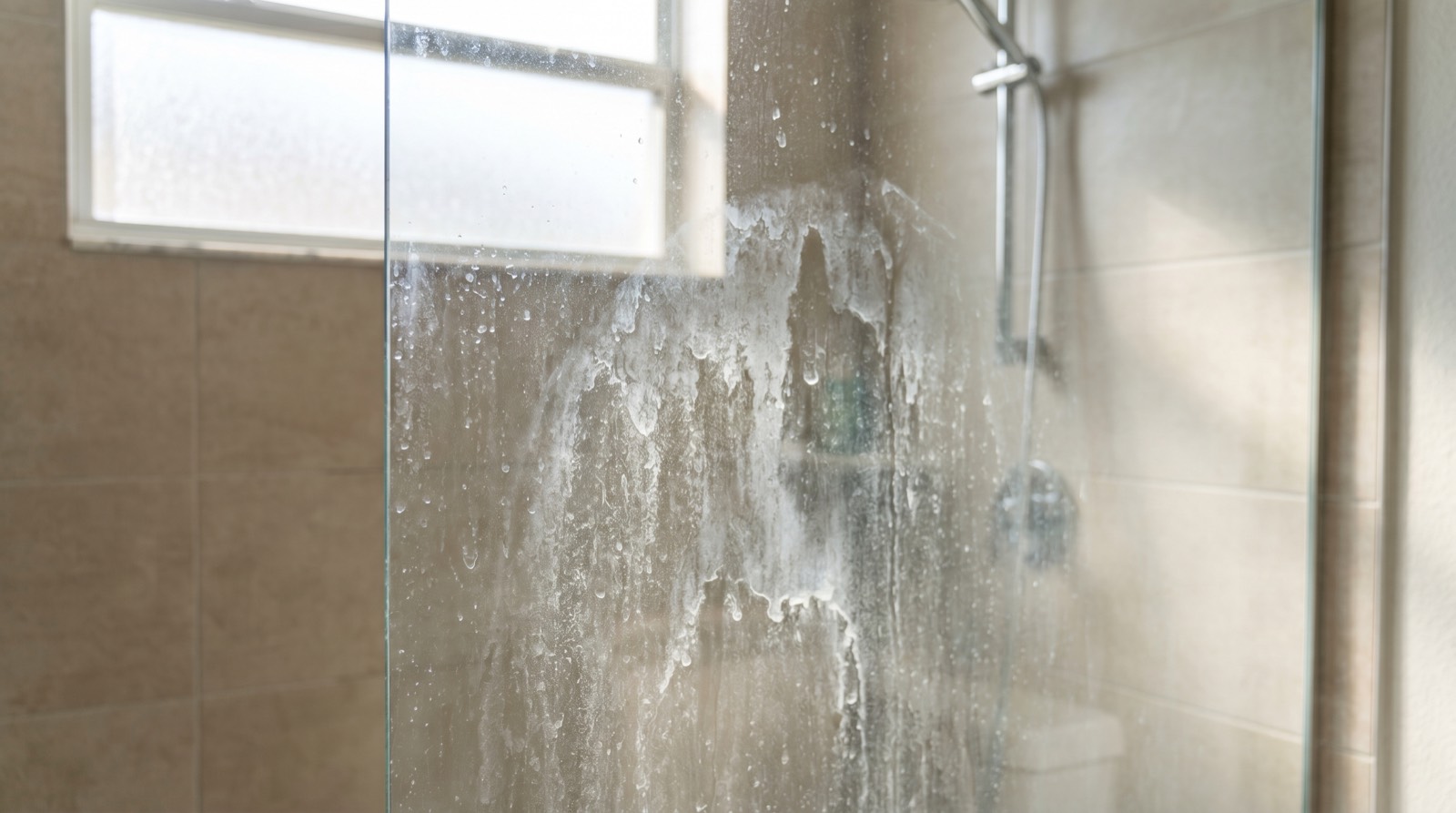 Glass shower door covered in cloudy white hard-water limescale film backlit by daylight in a Florida bathroom