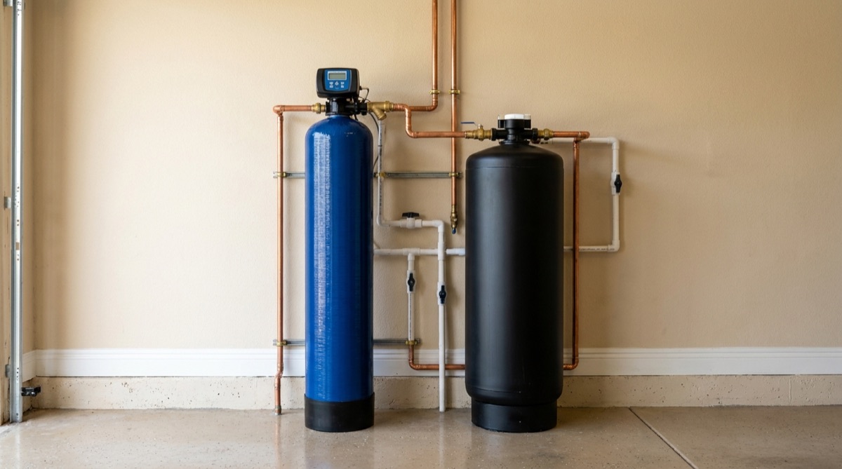 A blue salt-based water softener tank beside a black carbon whole-house filter tank in a clean Florida garage