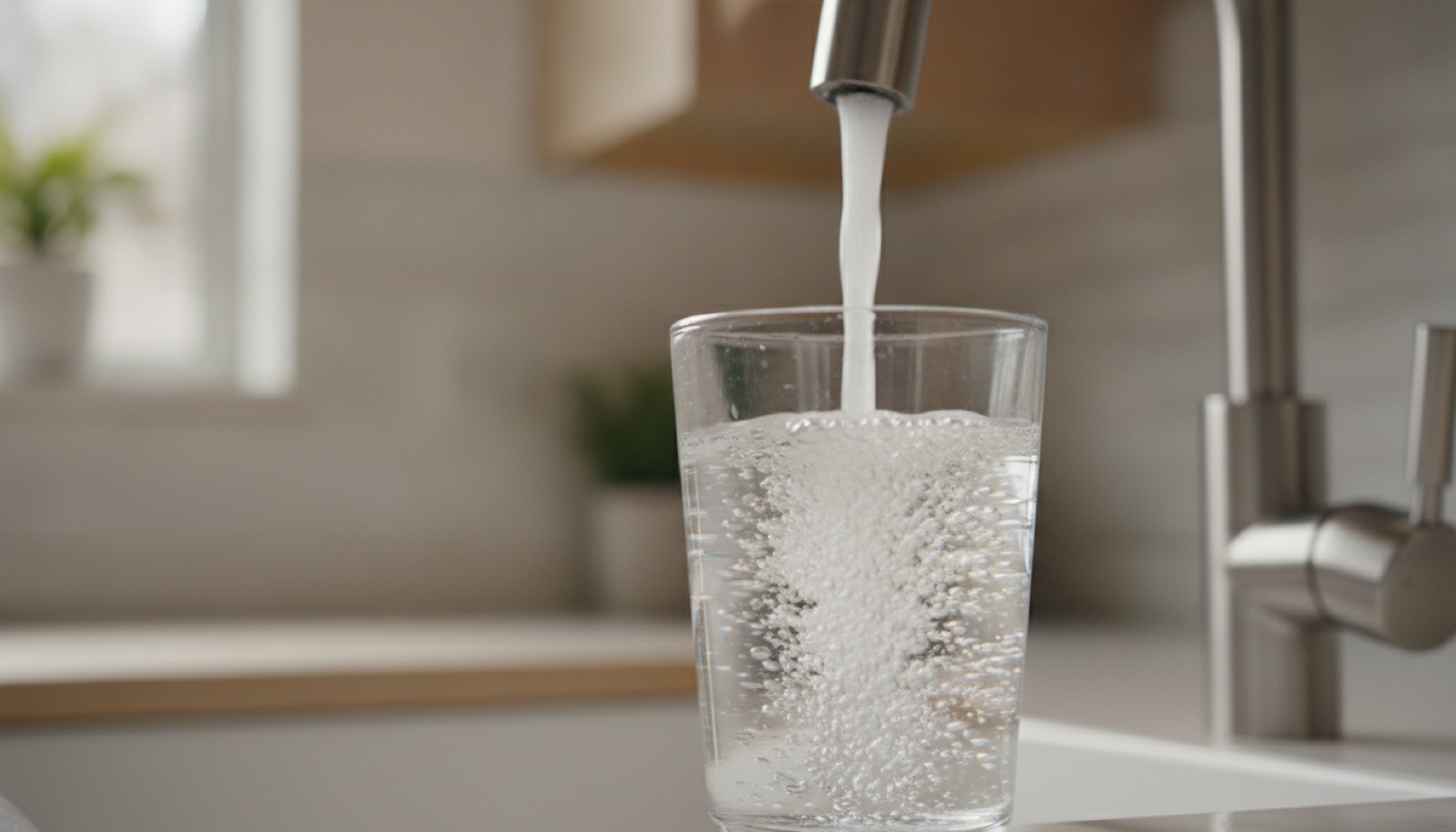 Glass of slightly cloudy well water being filled at a kitchen faucet