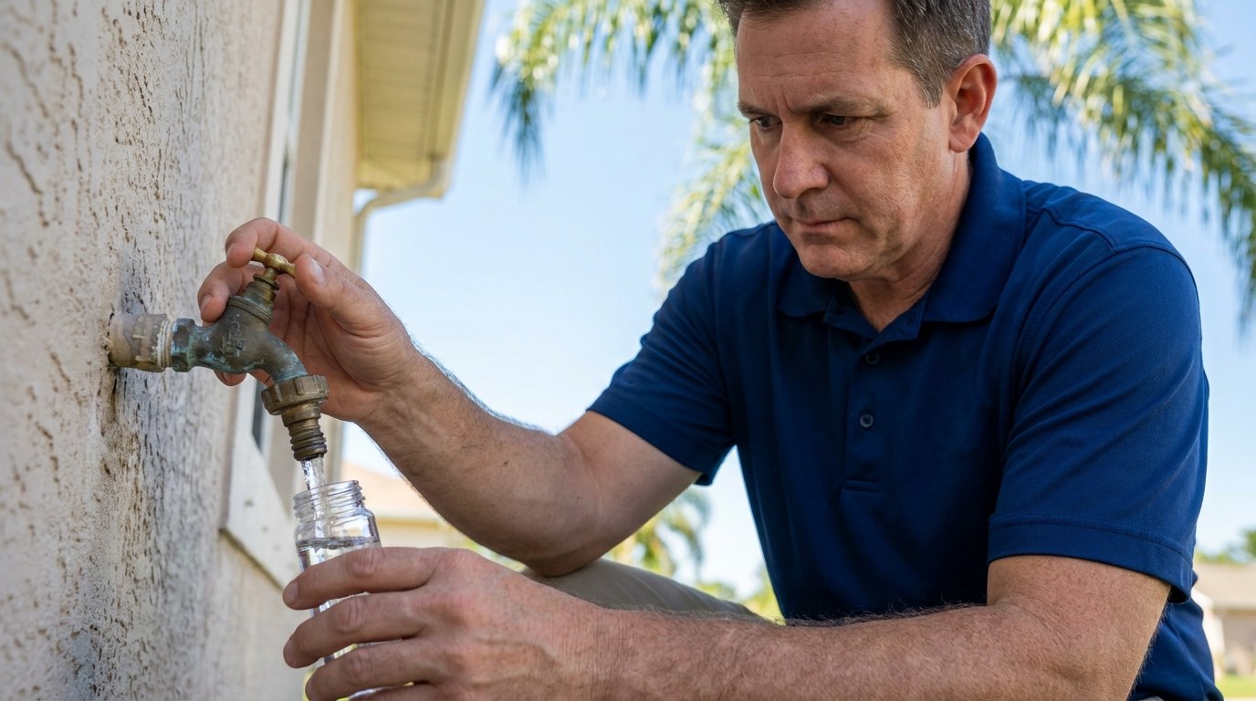 Water technician collecting a sample from an outdoor spigot at a Florida home