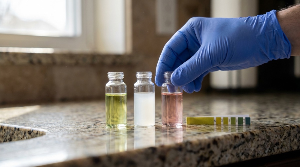 Three water test vials showing different reagent colors for chlorine, hardness and pH on a kitchen counter