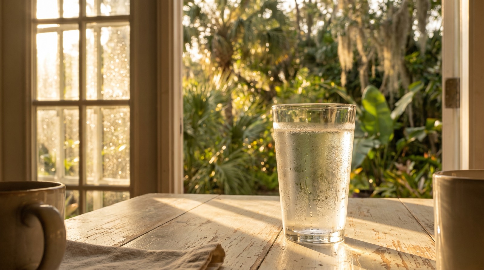 Clear glass of drinking water on a wooden table in bright window light