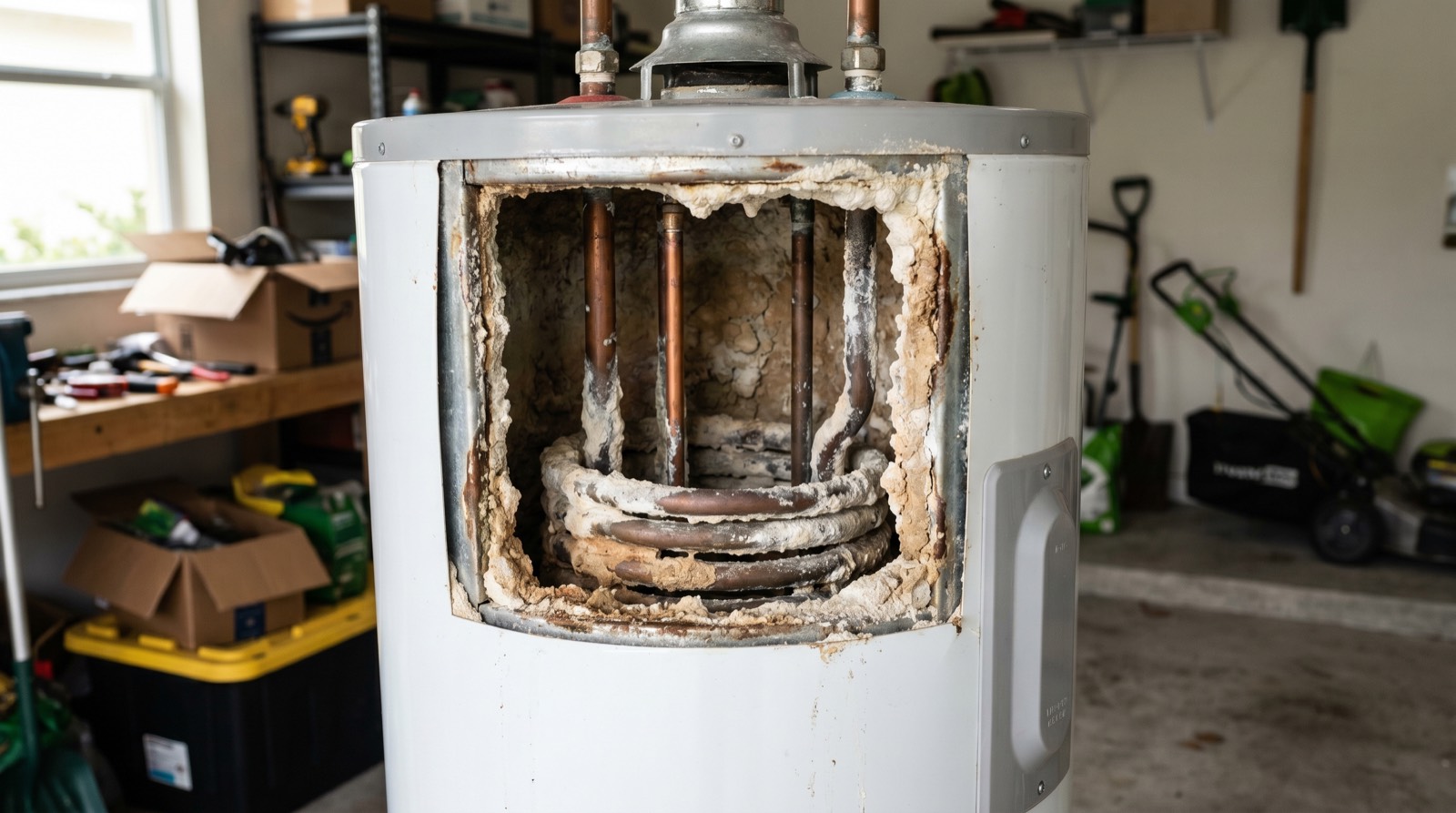 Cut-open residential water heater in a Florida garage showing thick white calcium scale on the pipes and element