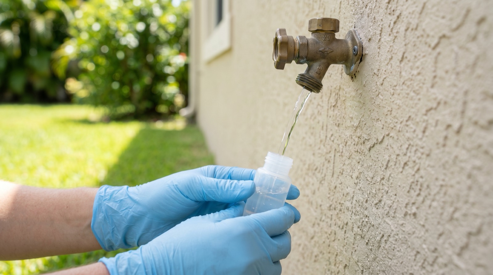 Sterile water sample being collected from an outdoor spigot with gloved hands
