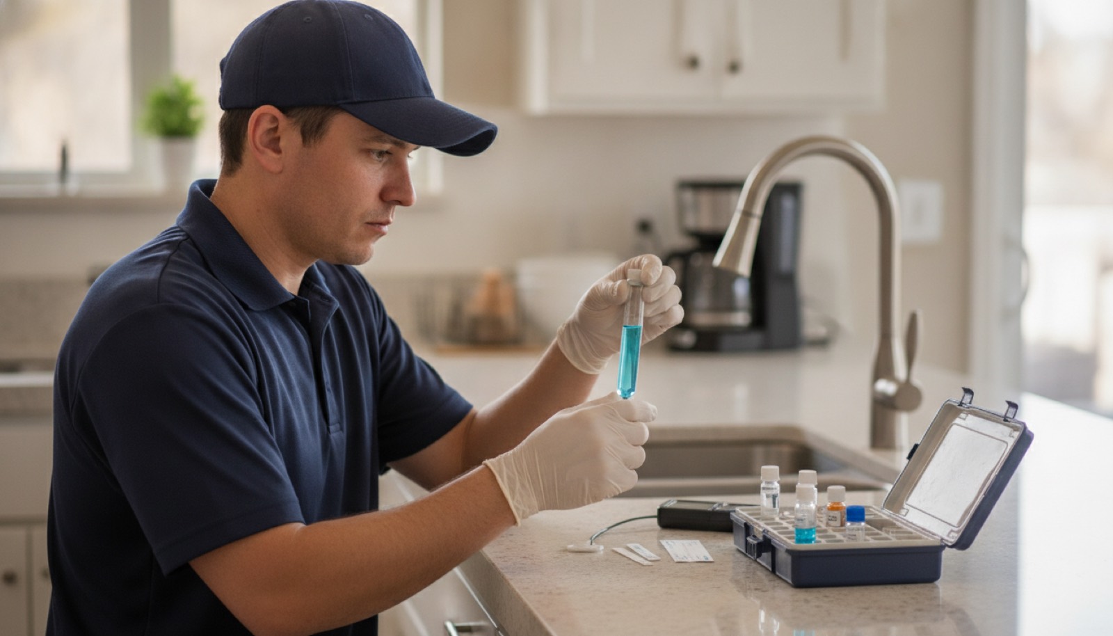 Water technician holding a blue reagent test tube beside a testing kit on a kitchen counter in a bright Florida home