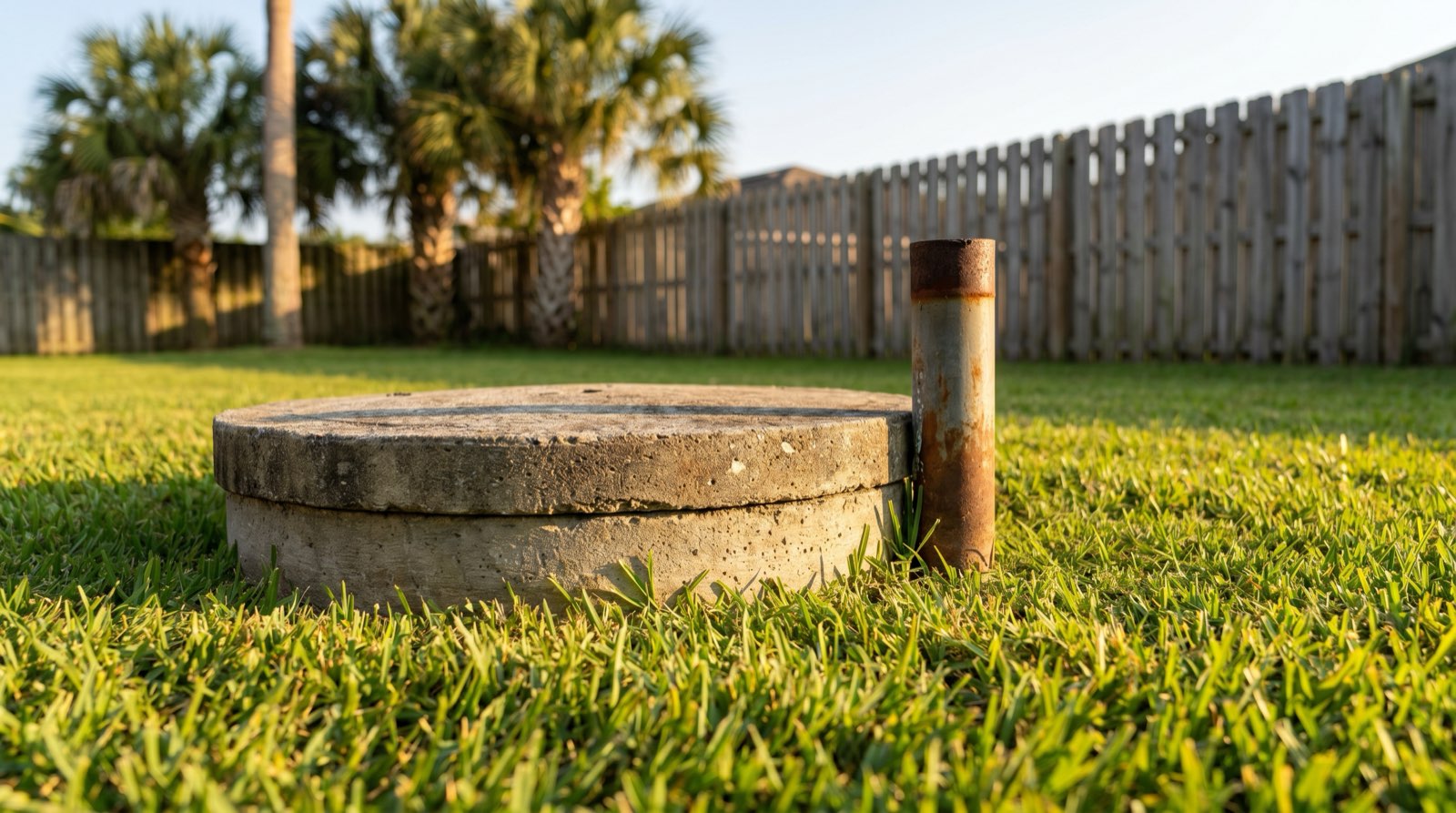 Residential private well with concrete cap and steel casing in a Florida backyard