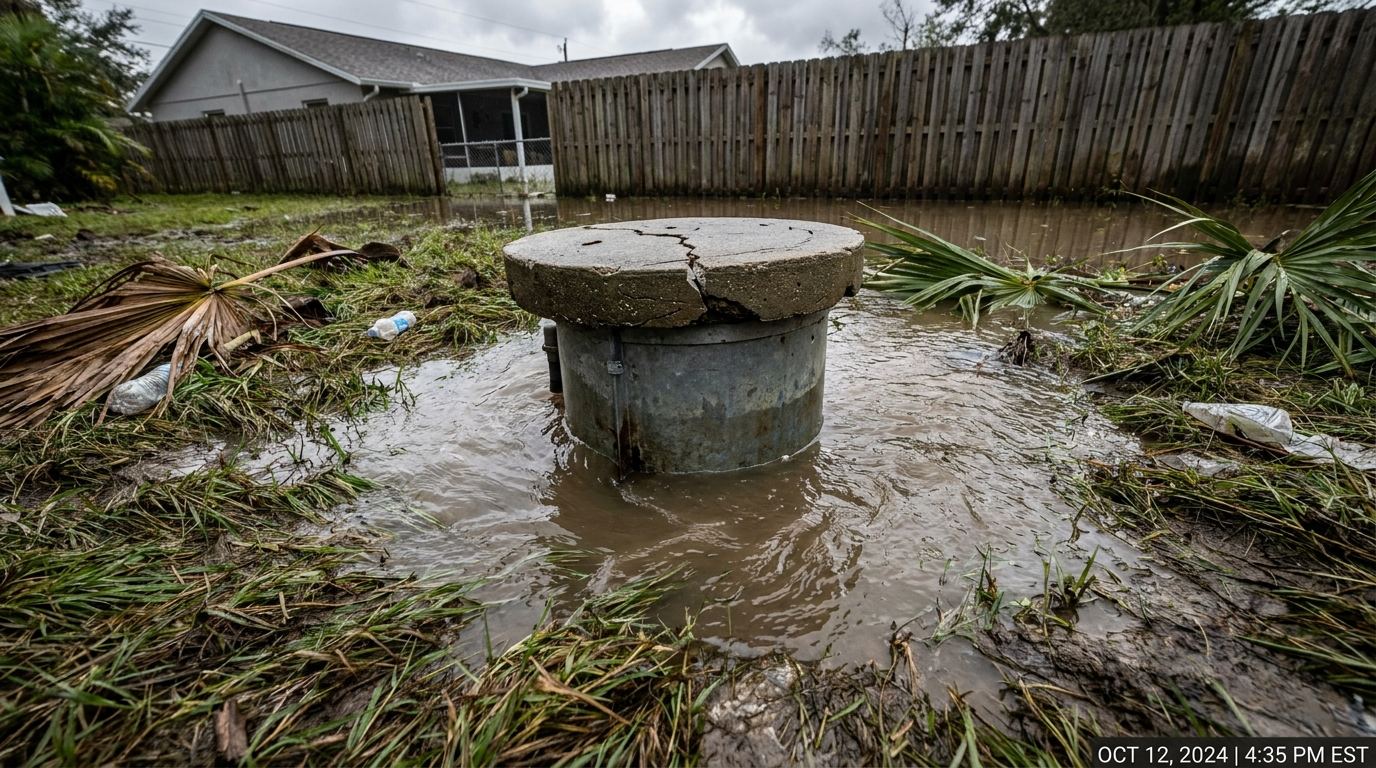 Residential well head with a concrete cap surrounded by murky standing floodwater in a Florida backyard