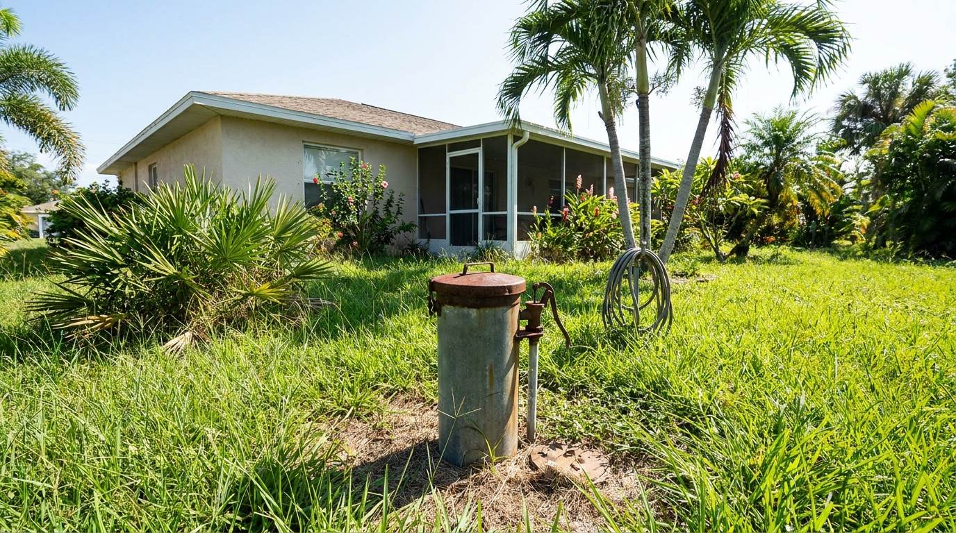 Private water well head with steel casing in the backyard of a suburban Florida home