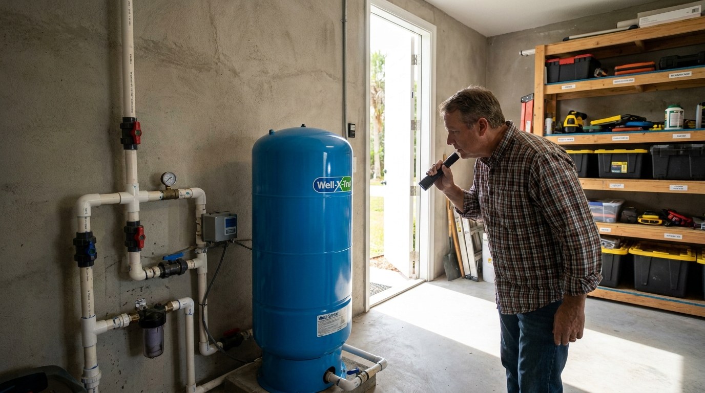Homeowner inspecting a blue well pressure tank and pipes in a Florida garage with a flashlight