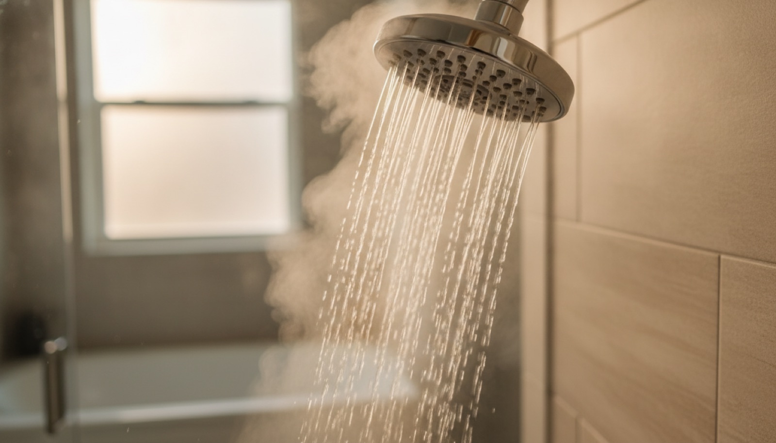 Running shower head with hot water and steam in a bright Florida home bathroom