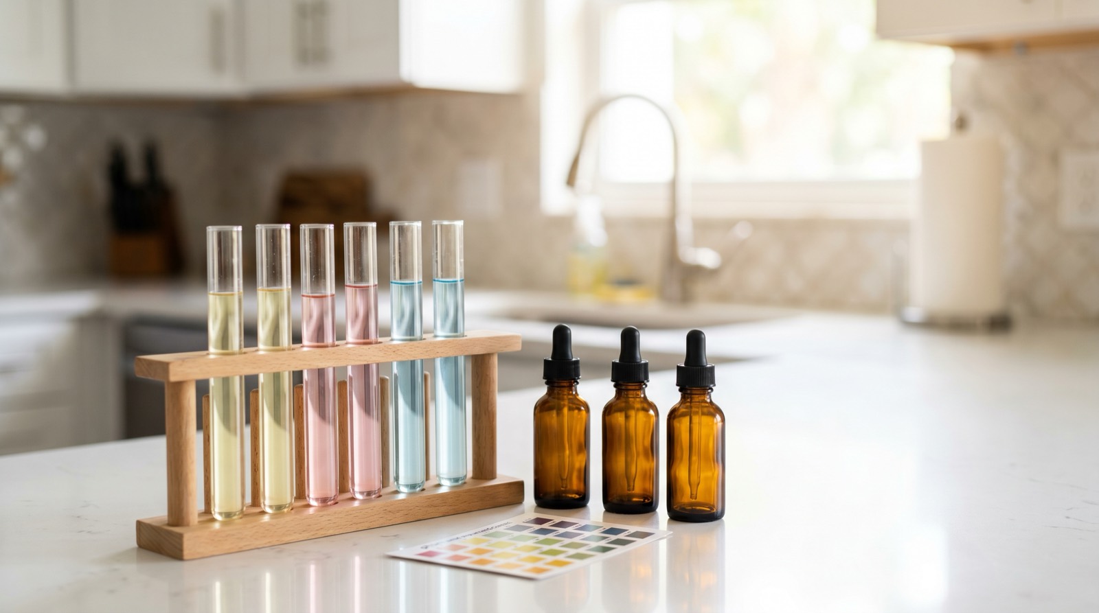 Water testing kit with reagent tubes and dropper bottles on a kitchen counter in a Florida home