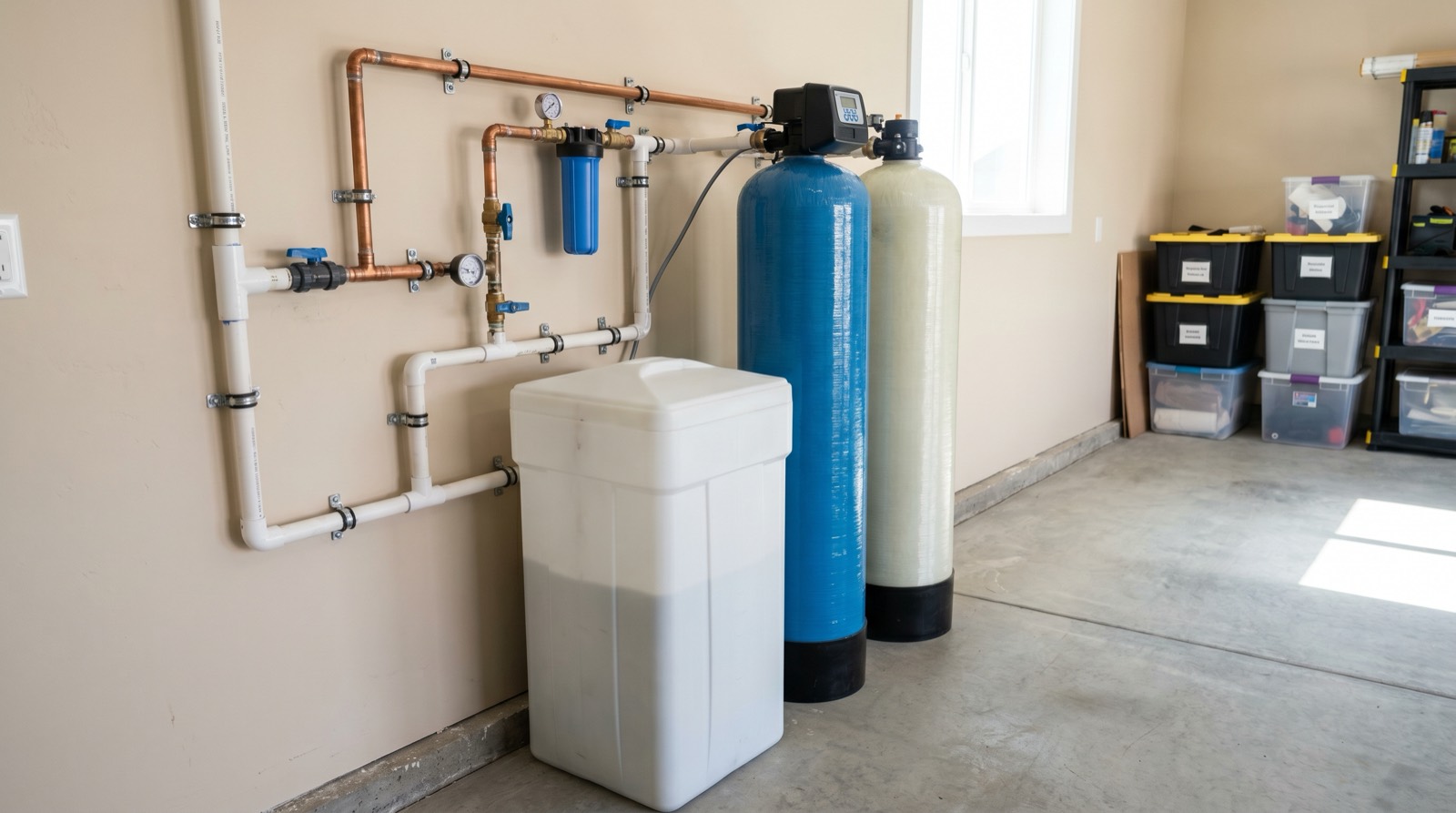 Whole-house well water filtration system installed in a Florida garage